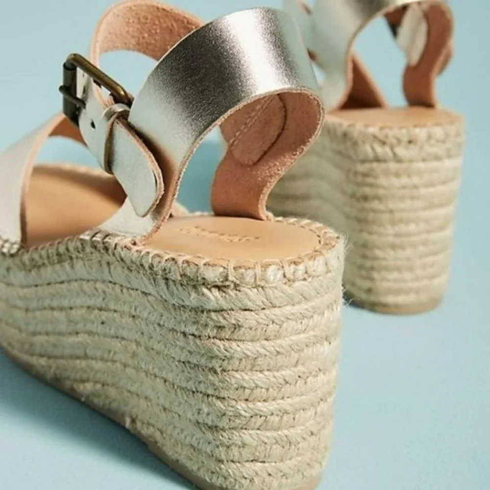Anthro Soludos Platform Gold Leather Espadrille 10 - Picture 4 of 13